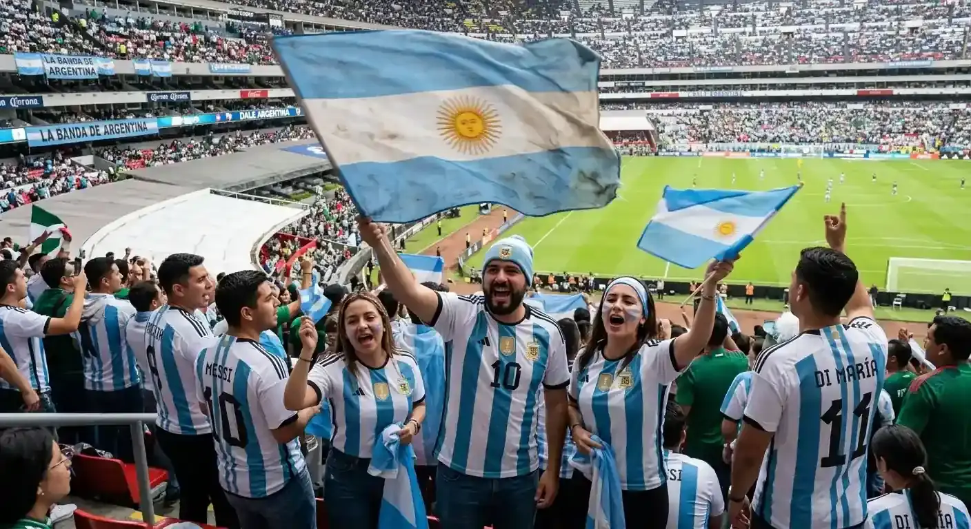 Kibice Argentyny w biało-niebieskich barwach z flagami na trybunach stadionu podczas Mundialu 2026