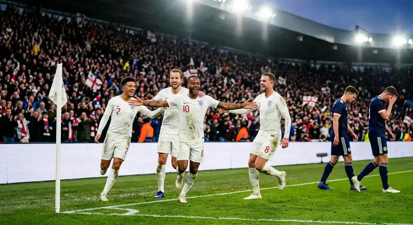 Bukayo Saka świętuje hat-tricka w meczu o trzecie miejsce Mundialu 2026, piłkarze Anglii rozkładają ramiona przy chorągiewce