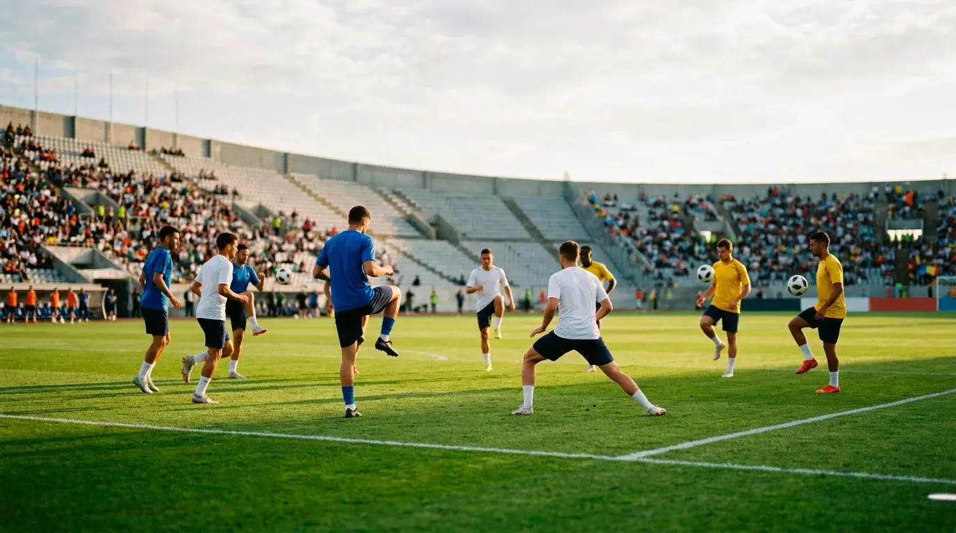 Piłkarze reprezentacji narodowej w strojach meczowych podczas rozgrzewki przed meczem Mistrzostw Świata
