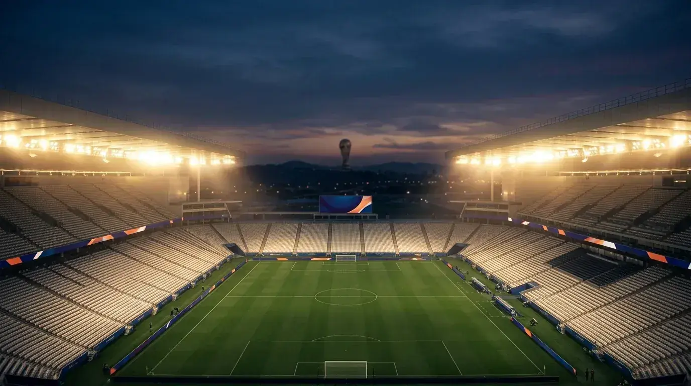 Pusty, rozświetlony stadion piłkarski o zmierzchu przed wielkim meczem, sylwetka pucharu na horyzoncie