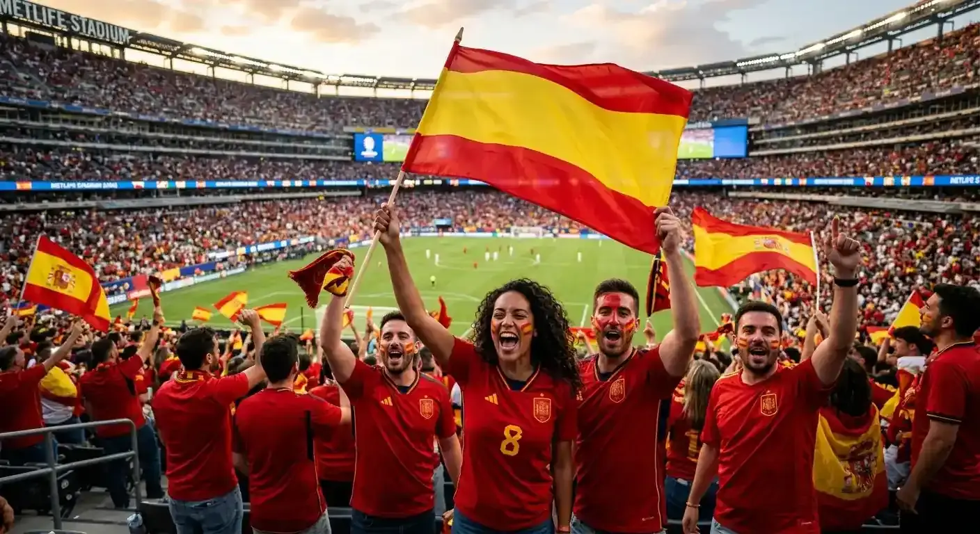 Kibice Hiszpanii w czerwonych barwach z flagami na trybunach podczas Mundialu 2026