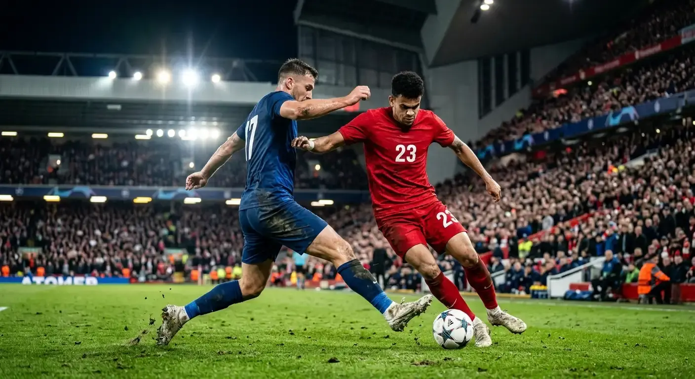 Piłkarze dwóch reprezentacji w czerwonych i niebieskich strojach walczą o piłkę podczas wieczornego meczu Mundialu 2026