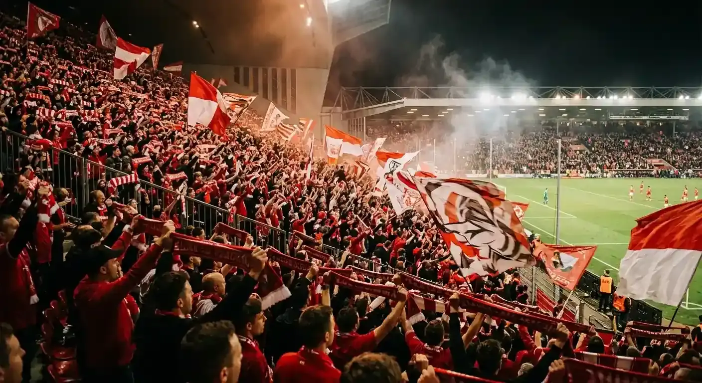 Kibice Maroka w czerwonych barwach z flagami na trybunach stadionu podczas Mundialu 2026