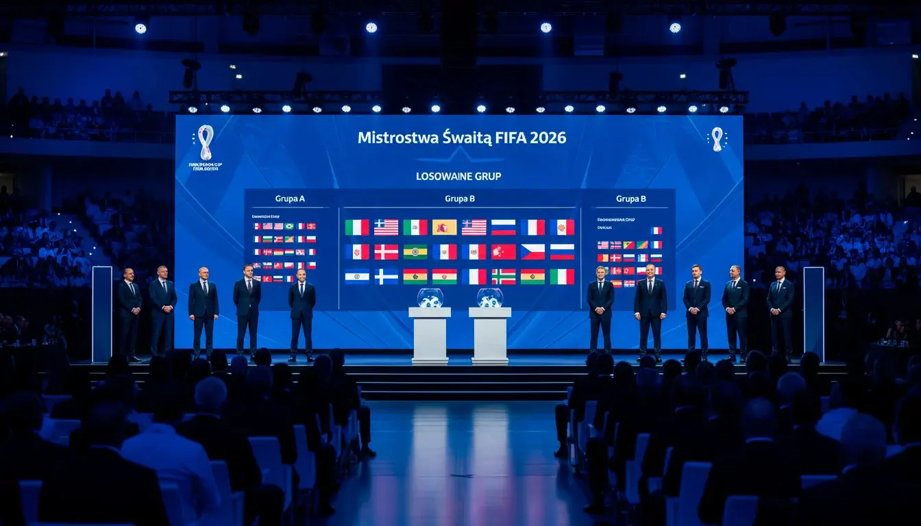 Ceremonia losowania grup Mistrzostw Świata 2026 z kulami losującymi i tablicą wyników