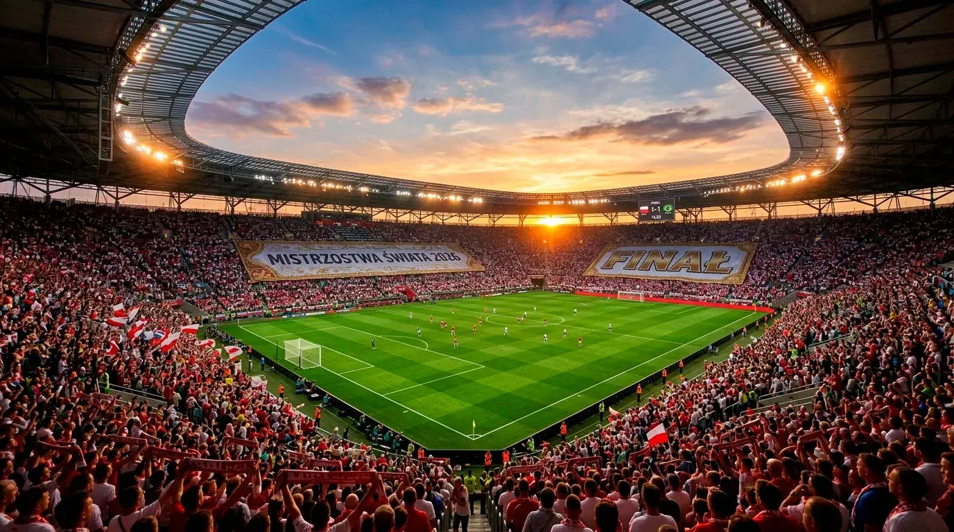 Stadion piłkarski podczas Mistrzostw Świata 2026 z kibicami na trybunach