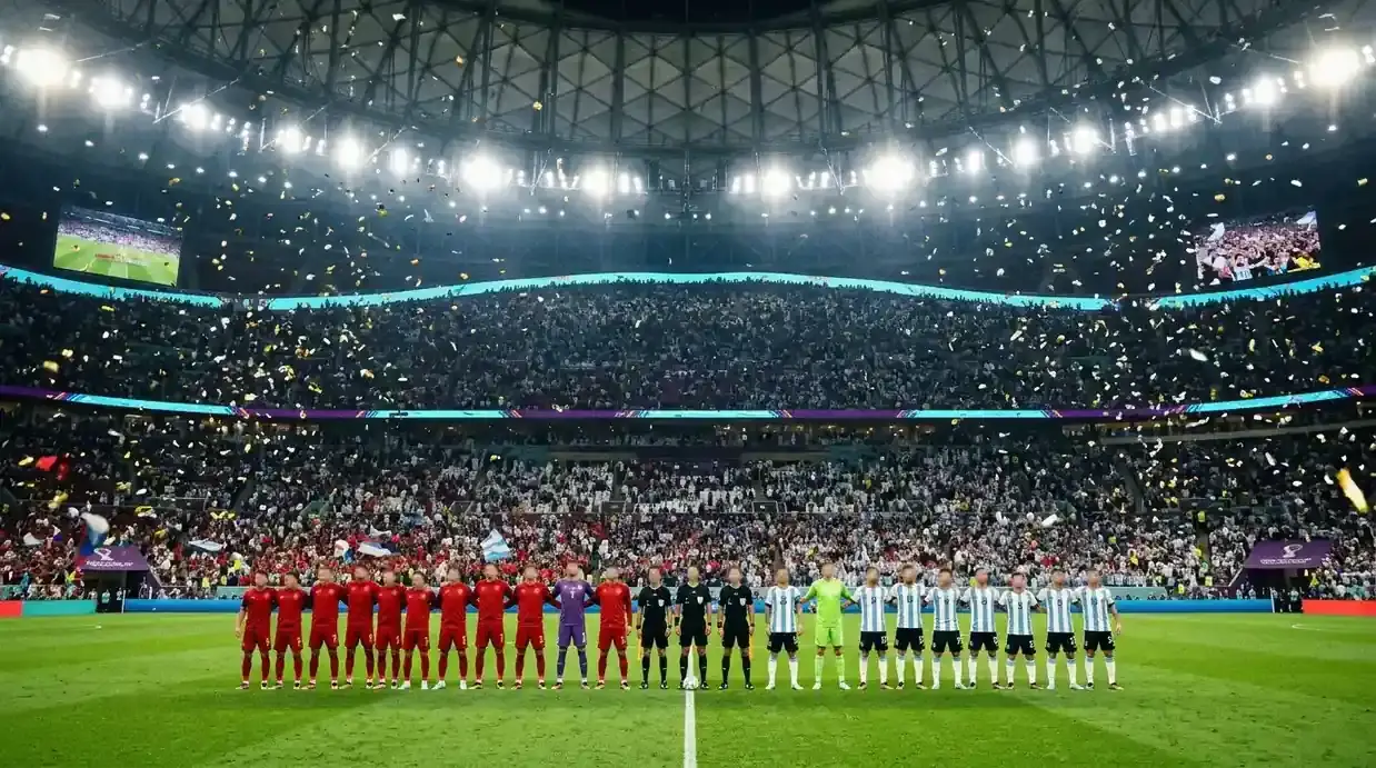 Dwie drużyny w szeregu przed finałem na pełnym stadionie, złote konfetti w powietrzu