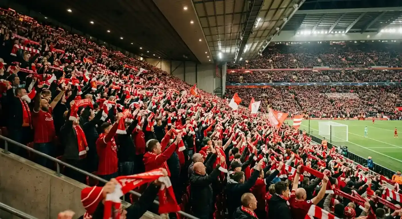 Kibice w czerwonych barwach na trybunach nowoczesnego zadaszonego stadionu podczas Mundialu 2026