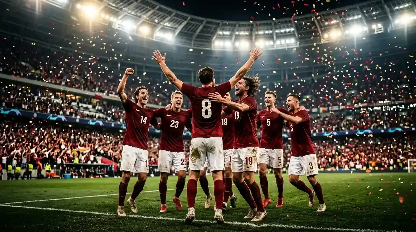 Piłkarze świętują awans do ćwierćfinału na tle rozświetlonego stadionu podczas Mundialu 2026