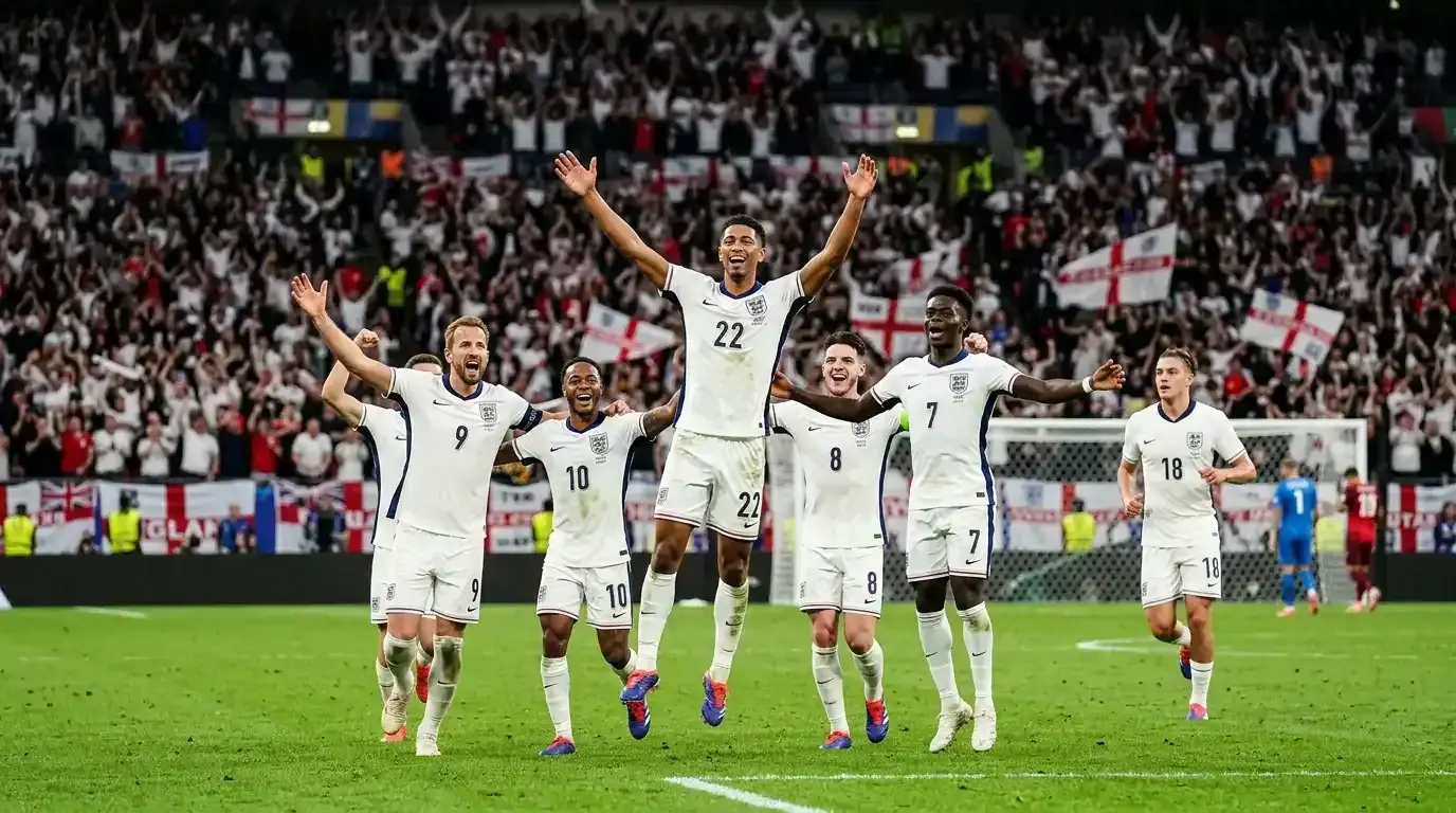 Piłkarze reprezentacji Anglii świętują zwycięskiego gola w dogrywce ćwierćfinału Mundialu 2026 na rozświetlonym stadionie