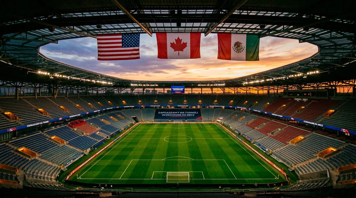 Mundial 2026 przewodnik po turnieju w USA, Meksyku i Kanadzie — stadion piłkarski z flagami trzech krajów
