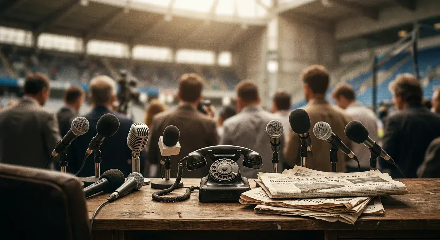 Stół w sali konferencyjnej z mikrofonami, dokumentami i starym telefonem — symbol mundialowych skandali wokół boiska