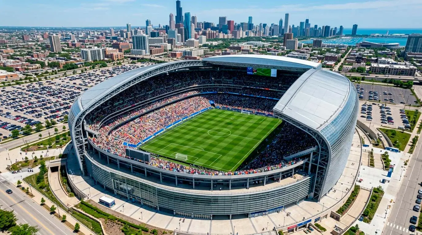 Nowoczesny stadion piłkarski z zieloną murawą przygotowany na mecze Mistrzostw Świata 2026